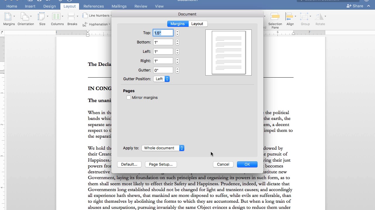 page setup for single page word mac
